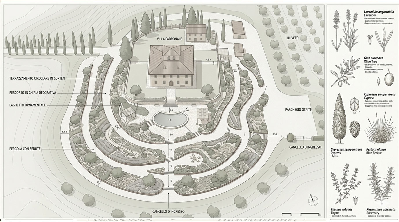 Assonometria della composizione vegetale di Villa Ludovisi con legenda botanica
