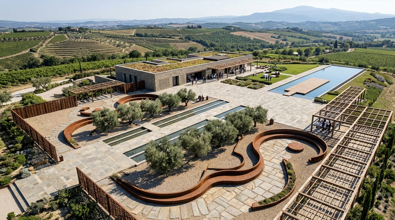 Veduta aerea della corte del Podere Sant'Andrea: la lama serpentina in corten fra olivi secolari e vasche lineari