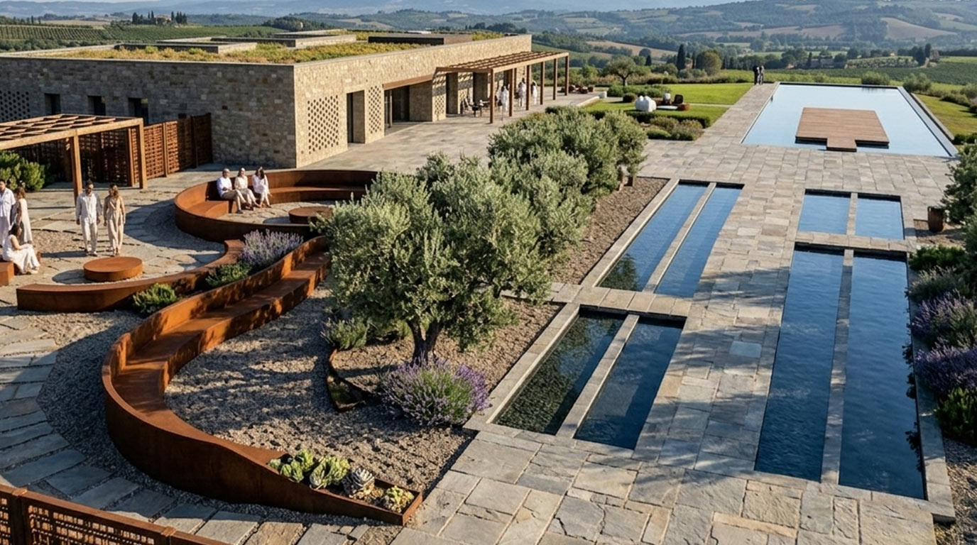 Seduta continua in corten sotto la pergola, ospiti riuniti tra olivi e vasche d'acqua
