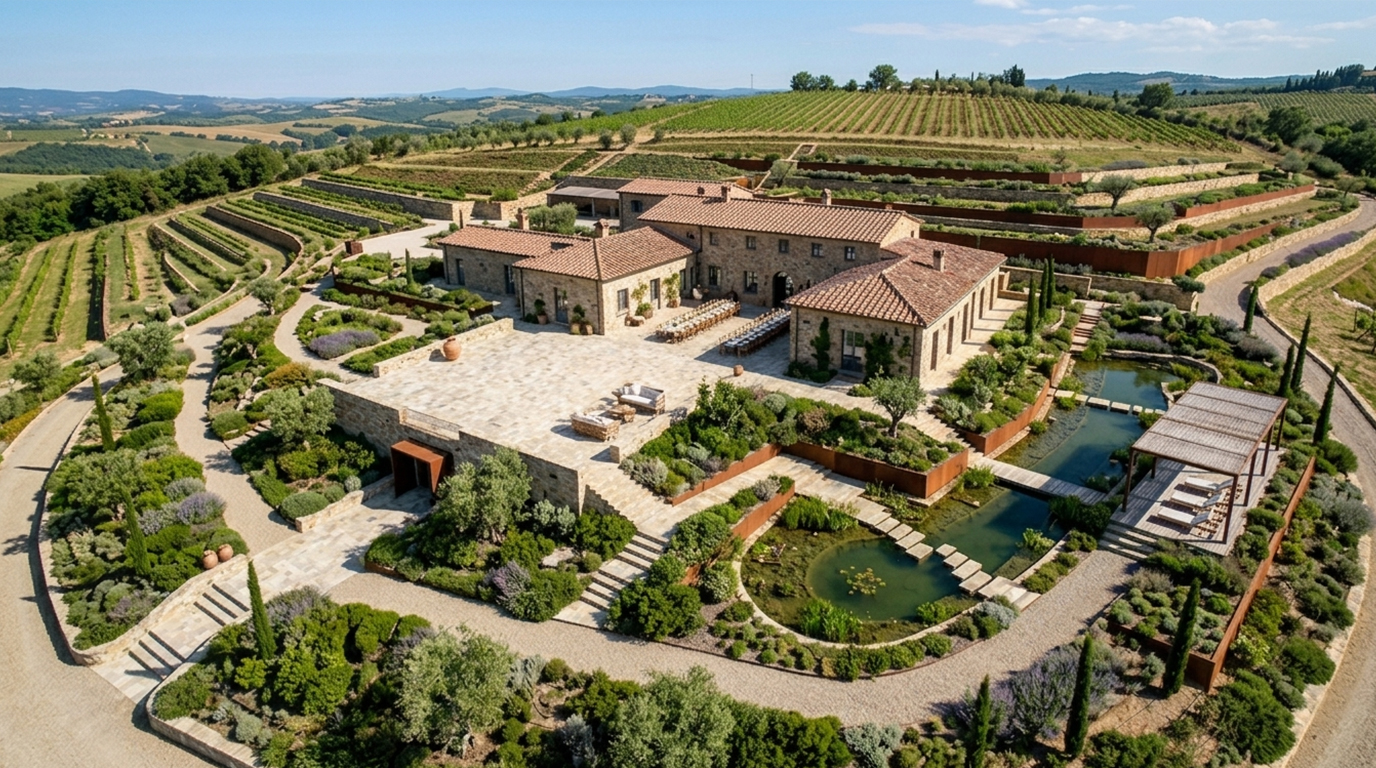 Veduta aerea del borgo restaurato con corte in pietra, laghetto e vigne terrazzate