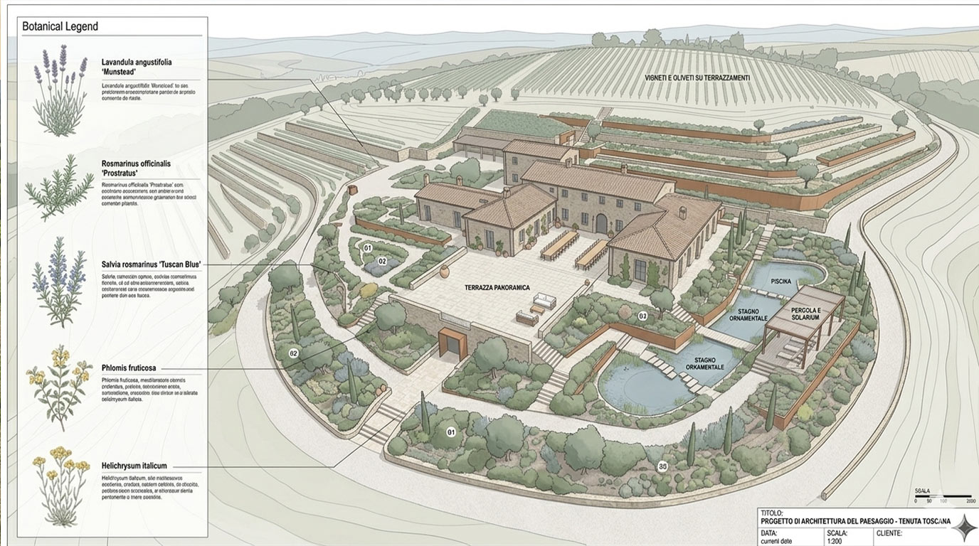 Masterplan e registro botanico di Tenuta Vittoria con legenda delle essenze