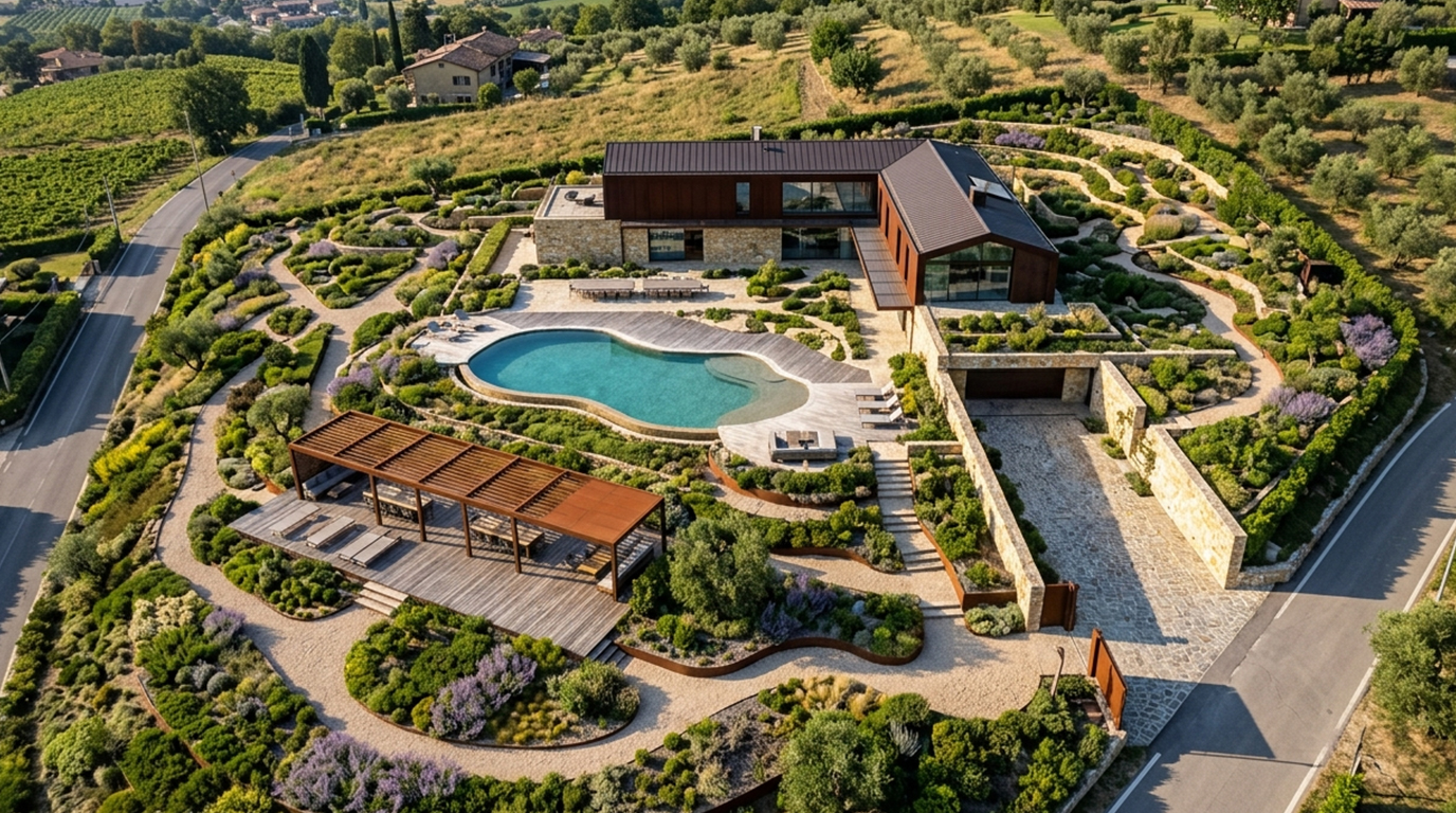 Veduta aerea di Villa Belvedere: piscina organica a mandorla, pergola lunga in legno e corten, allestimento per un ricevimento