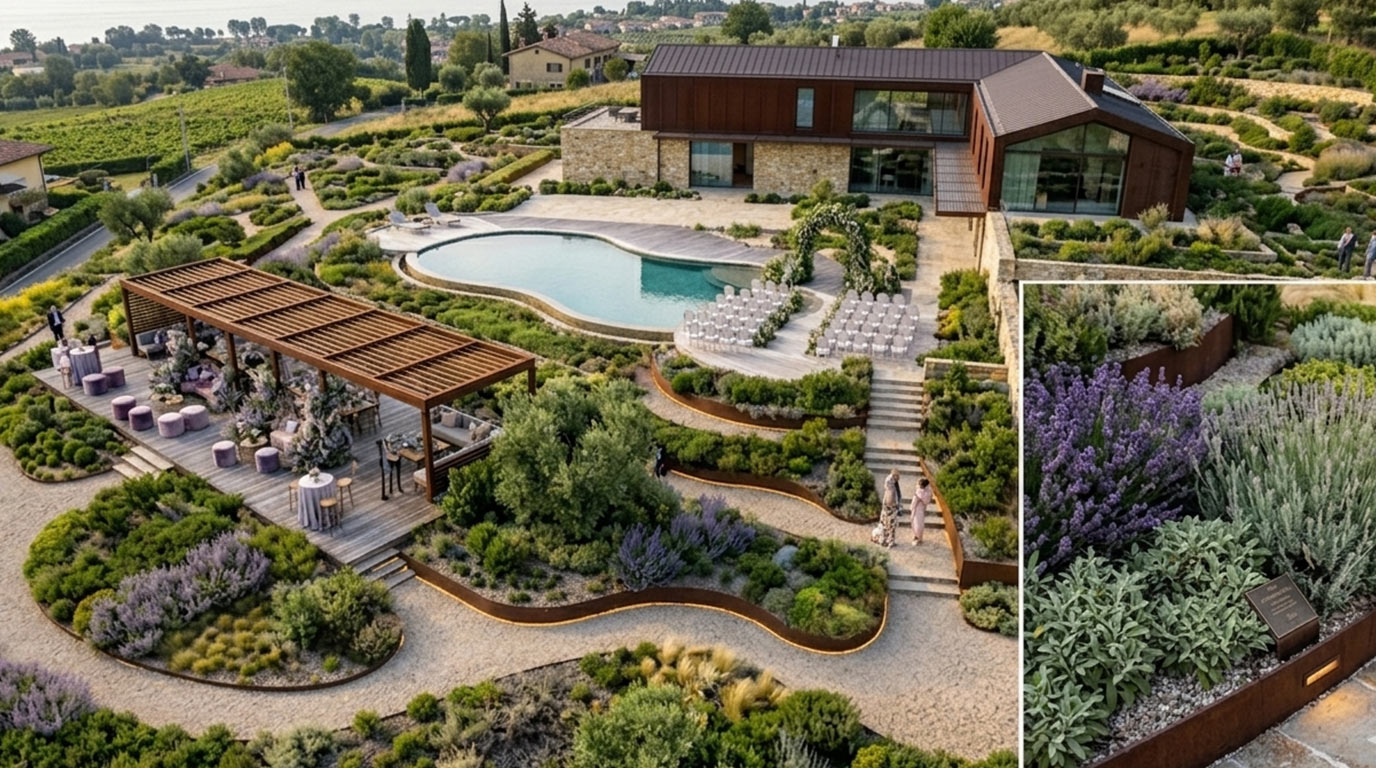 La pergola lunga allestita per un evento, con cerimonia a bordo piscina e bordure di lavanda
